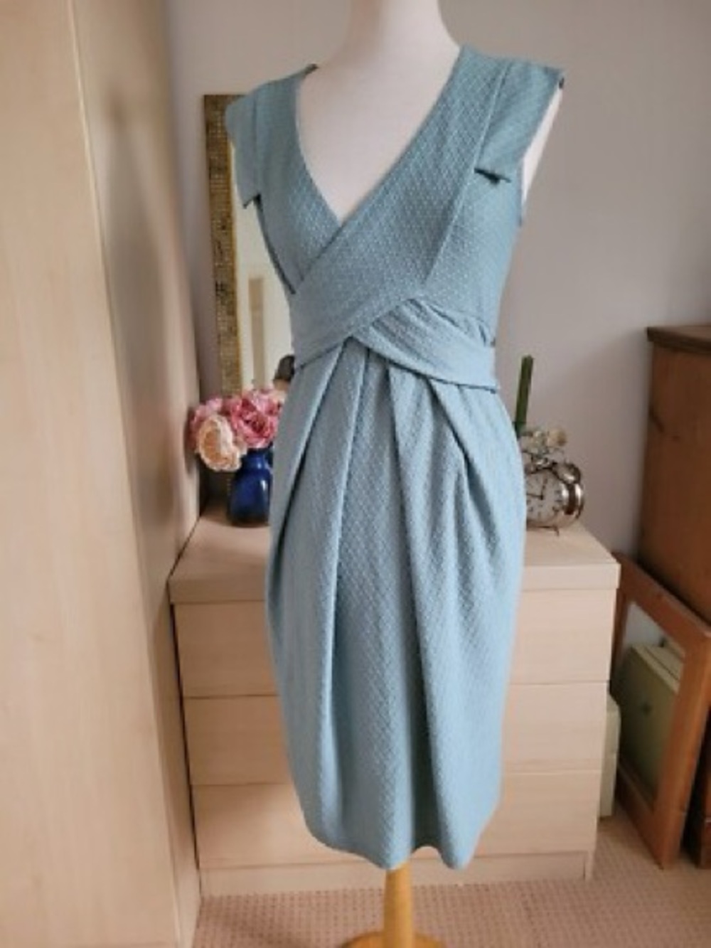 Dusty Blue Sleeveless Wrap-Style Women’s Dress